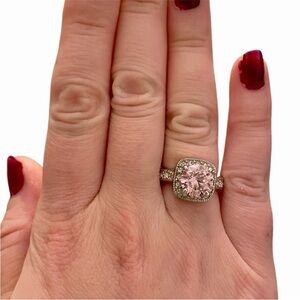 Pink Cushion Cut Halo Sterling Silver Ring Made w/ Swarovski Crystals Size 7